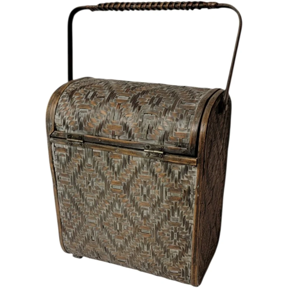 Vintage Geometric Wicker Wood Treasure Chest Basket Purse Bag Hinged Lid Latch